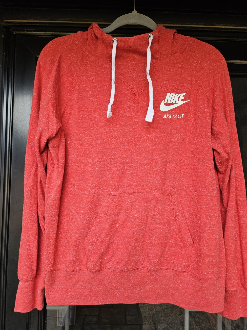 Nike Women’s Red Crewneck Hoodie with White Logo & Drawstrings